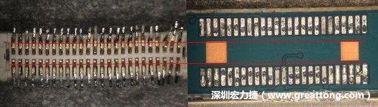 把板對(duì)板連接器與其電路板的佈線焊墊作一個(gè)比較，端子的切斷面有毛邊的地方剛好對(duì)到了裸銅區(qū)。