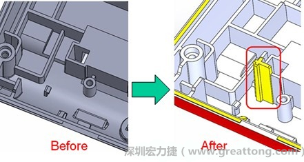 既然知道可能的問題出在電路板變形量過大，于是在電路板上黏貼應(yīng)力計(jì)(Stress Gauge)然后先量測(cè)未改善前的應(yīng)力數(shù)據(jù)。改善方法是在BGA的附近新增機(jī)溝肋柱(rib)來頂住電路板以降低電路板在落下時(shí)的變形量。