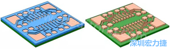 銅被電鍍在導電種子層之上，從而填滿了PCB板上的圖形化光刻膠腔體(左)。清除光刻膠，蝕刻暴露出的種子層以分隔開不同的銅線(右)-深圳宏力捷