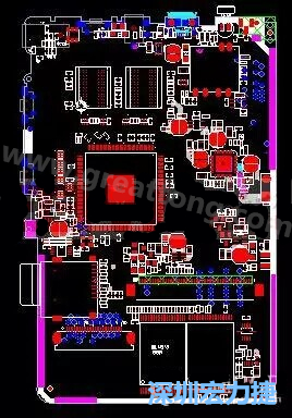 上圖是一個(gè)開發(fā)板的PCB，從布局中可以看出各個(gè)接口電路分離很明確，SDRAM和DDR以及SD卡接口電路等走線不會(huì)造成相互的干擾。-深圳宏力捷