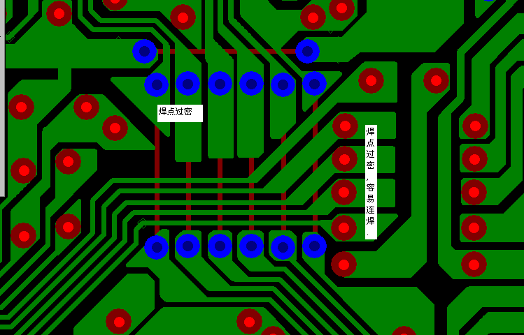 PCB設計焊點過密，易造成波峰連焊，焊點間漏電