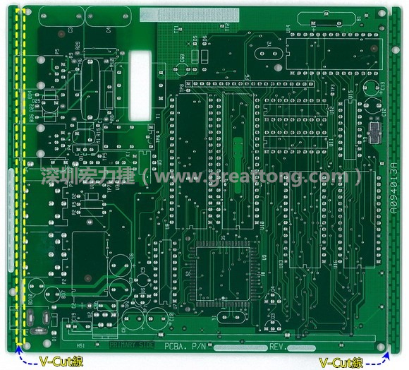 所謂【V-cut】是印刷電路板(PCB)廠商依據客戶的圖紙要求，事先在PCB的特定位置用轉盤刀具切割好的一條條分割線，其目的是為了方便后續SMT電路板組裝完成后的「分板(De-panel)」之用，因為其切割后的外型看起來就像個英文的【V】字型，因此得名。