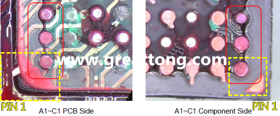 PIN-1的位置很重要，不知道Pin-1在哪里？那你怎么知道斷裂錫球在PCB的位置，如何判斷可能的應力(Stress) 影響。一般在PCB的絲印層(白漆)上面一定會標示零件的PIN-1位置，有的未打一個圓點，有的會畫三角形，但這張照片在PCB的PIN-1被紅墨水遮住了，如果可以的話建議那一塊沒有紅墨水的板子對照一下。