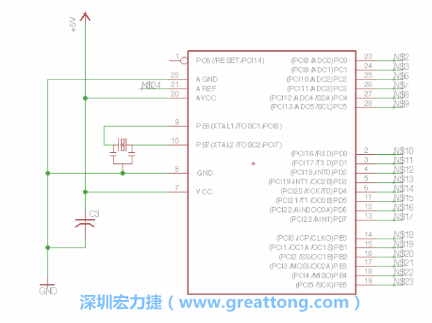 3.3.    將共鳴器（resonator）放置在針腳9和針腳10附近，將它的三個針腳連接如圖所示，并確認最中間的針腳有連到接地端。