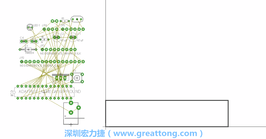 第一次執(zhí)行布線編輯器時，你會發(fā)現(xiàn)有兩個區(qū)塊，左邊的區(qū)塊非常混亂，而右邊的區(qū)塊則是一個長方形的工作區(qū)域，EAGLE免費版會限制你的工作區(qū)域在4” x 3.2”的范圍內(nèi)，如果你試圖將元件擺放在工作區(qū)外的話，就會跳出警示訊息。