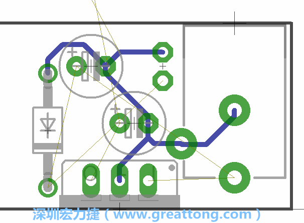 當(dāng)你在擺放元件時，要注意元件間的連結(jié)關(guān)系使用「旋轉(zhuǎn)（Rotate）」工具來讓連結(jié)點更接近、更容易布線。舉例來說，我們可以將這邊的二極體轉(zhuǎn)一個方向來縮短和47μF電容間的連結(jié)距離。