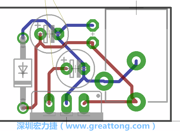 接地連結(jié)點的布線情形如下圖所示，利用這個練習(xí)來避免電路連線銳角化的產(chǎn)生是一個不錯的選擇，你可以在工具列中的彎曲線路（Wire Bend）選項里改變各種布線的變化。