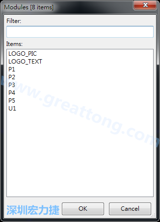從目前正在編輯的PCB載入Module， 會顯示有那些項(xiàng)目可載入。點(diǎn)選一個(gè)， OK后即完成載入