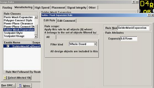 5. 而對于阻焊的調(diào)整則可以通過按D、R調(diào)出[Manufacturing]制作設(shè)計規(guī)則的[Solder-Mask Expansion Rule]設(shè)置項直接設(shè)定單邊放大值