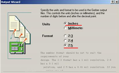 在上圖中選擇“Inches 2：5”，以確保資料精度，反之線寬、線距或孔有偏移現(xiàn)象
